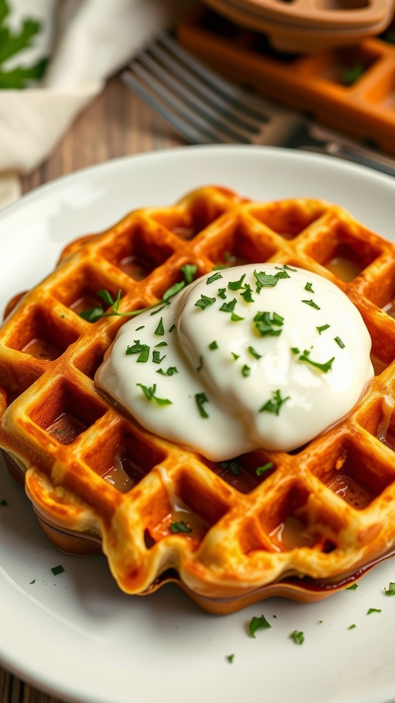 A savory cheese waffle with herbs and sour cream on a wooden table.